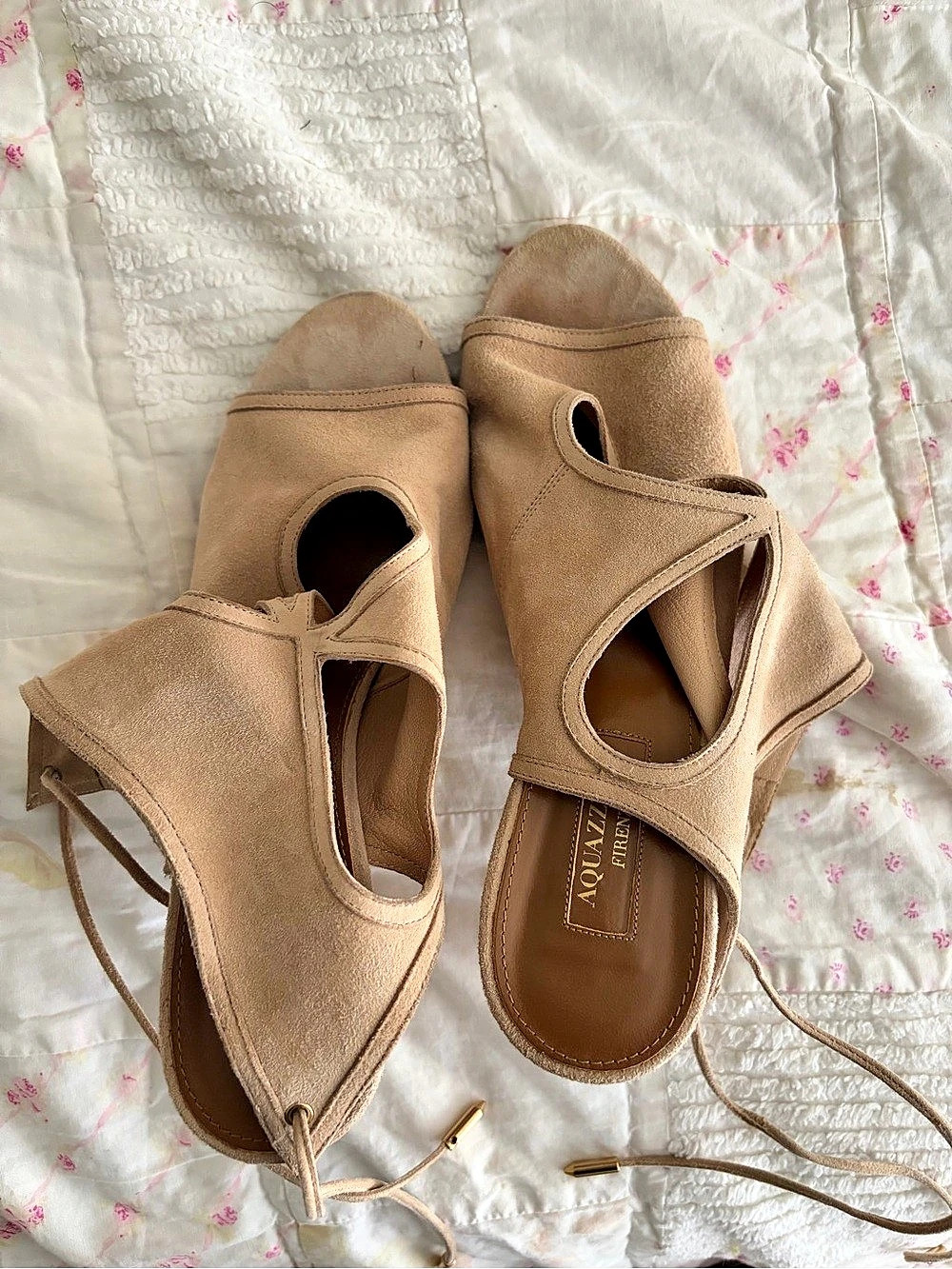 AQUAZZURA Sexy Thing Suede Peep Toe Bootie Lace-Up Heels in beige